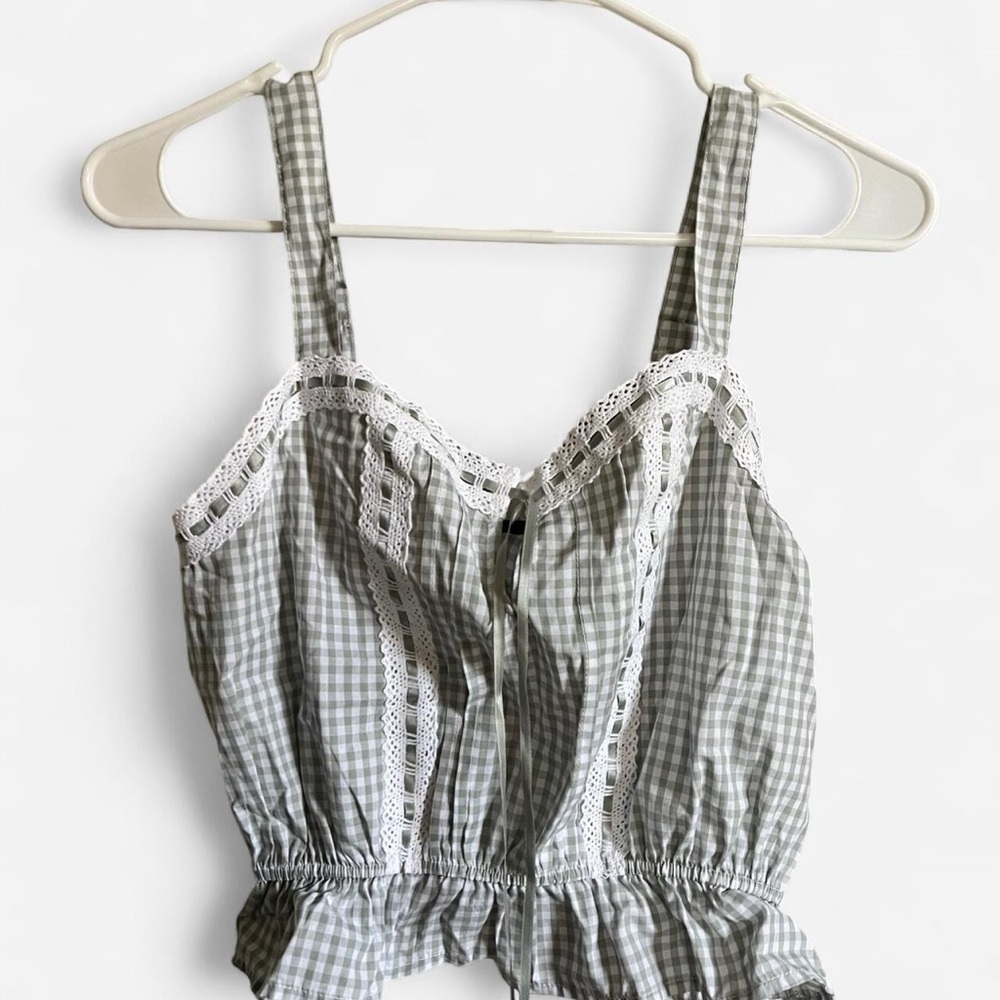 Self Esteem Sage Green Gingham Top with White Lace